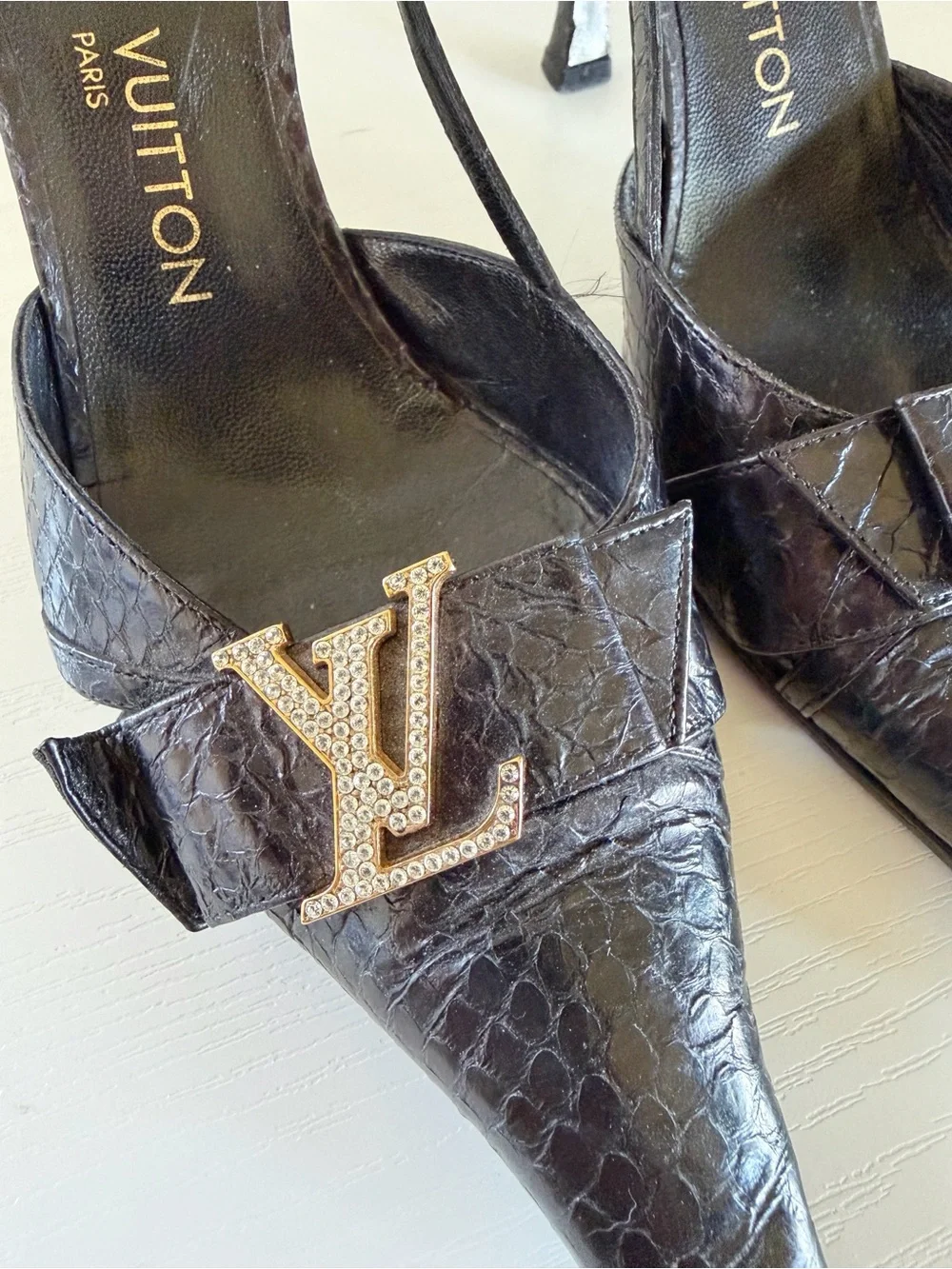 Louis Vuitton Slingback Pumps Black Snakeskin Crystal LV EU 37.5 US 7-7.5